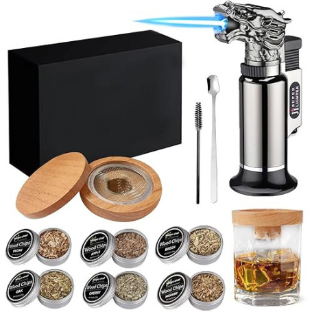Kit fumoir à whisky, avec 6 copeaux de bois et brûleur à flamme, kit de fumage à cocktail, kit fumoir à whisky, pour boissons, n