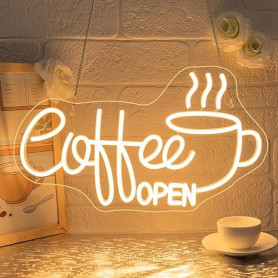 SIGNSHIP Coffee Open Neon Led, Café Led Neon Dimmable Blanc Chaud, Coffee Enseigne Lumineuse USB pour Décoration Murale, Enseign