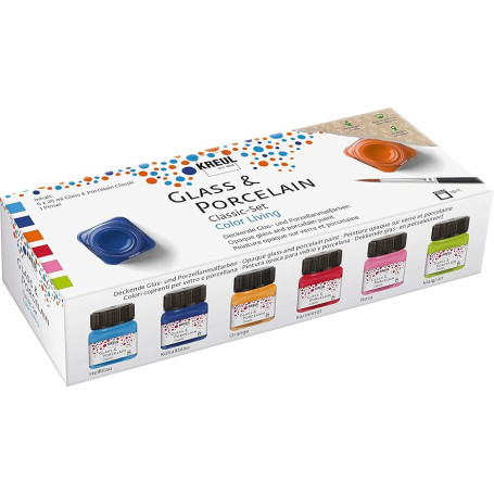 KREUL 16604 - Glass & Porcelain Classic Set Color Living, 6 x 20 ml de peinture et un pinceau, peinture joyeuse et brillante pou