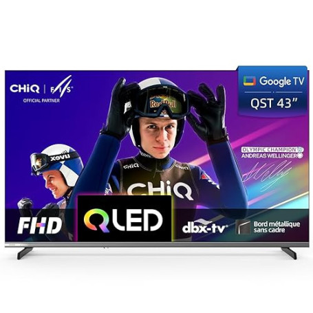 CHIQ L43QST 43 Pouces TV Smart Google TV QLED 2K UHD avec HDR10, ALLM&VRR pour Jeu, MEMC, Contrôle Vocal, Design Métallique Ultr