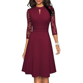 HOMEYEE Robe de Cocktail Plissée à Manches en Dentelle Creuse pour Robe Soirée Femme A234