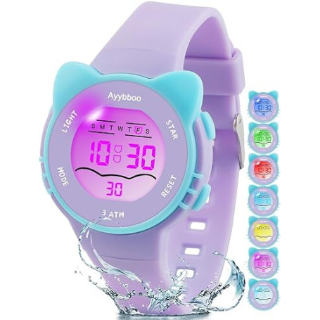Ayybboo Montre Enfant Numérique Garçon Fille,Montres Digitale Sport avec LED 7 Couleurs Lumineuse,Étanche 30M,Alarme,Chronomètre