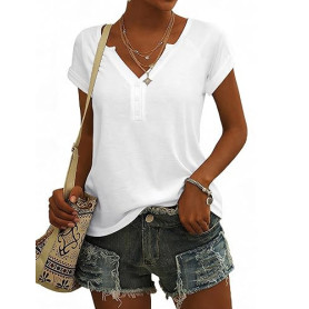 Demegimi T Shirt Femme Ete Col V Boutonne Manches Courtes Haut Femme Coton Coupe Ample Top Femme Confortable Casual Chic pour Qu