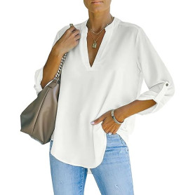 NONSAR Chemisier élégant à col en V pour femme Henley Chemisier ample à manches enroulables