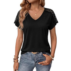 Aottori T Shirt Femme Manches Courtes Col en V Tee Shirt Chic et Élégant Chemisier Été Léger Ample Haut Extensible Motif Ajouré