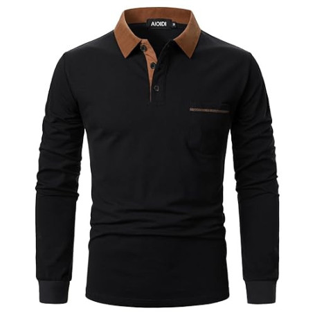 AIOIDI Polos Hommes Adultes Manches Longues Hauts en Coton T-Shirts de Golf avec Poche Réelle | Adultes, Manches Longues, avec P