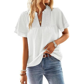 TUUHAW Chemisiers et Blouses Femme à Manches Courtes d'Été Col en V Tunique Bohème Fluide Chemise Élégant Lâche Plissé Blouse