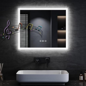 SONNI Miroir de salle de bain avec éclairage LED, 60 x 50 cm, miroir mural Bluetooth anti-buée, 3 couleurs de lumière réglables
