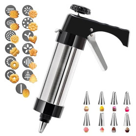 KINDLUME Machine a Churros, Appareil a Churros en Acier Inoxydable, Presse Biscuit avec 13 Pochoirs, 8 Douilles, Outil Multifonc