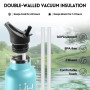 Motswedi Gourde, 1000 ml Sans BPA, Gourde Isotherme, Avec Paille&2 Couvercles, Bouteille d'eau, 18/8 Acier Inoxydable, Bouteille