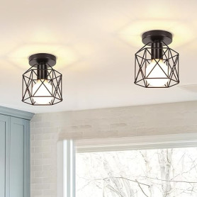 iDEGU Lot de 2 Plafonnier Industrielle en Métal Cage Carré, 15CM Lustre Abat-jour Fer Luminaire E27 40W Noir pour Salon Chambre