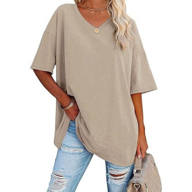 Ebifin T-shirt surdimensionné pour femme avec col en V, manches courtes, décontracté, basique, pour l'été | décontracté, avec co