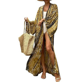 HYUET Robe de Plage Femme Été Kimono Bikini Cover Up Tunique Cardigan Imprimé Caftan Grande Taille Kaftan Bohème Maxi Longue Flu