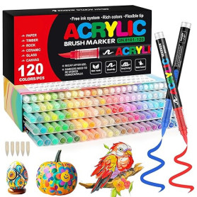 Funnasting 120 Couleurs Feutre Acrylique, Tête de Brosse Douce Marqueur Peinture Acrylique pour Coloriage, Verre, Tissu, Oeuf, P