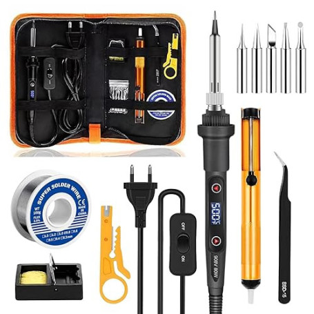 Kit Fer à Souder 80W, Température Réglable 180-500°C, Électronique de Précision avec Interrupteur Marche/Arrêt, 5 Pannes, Fil de