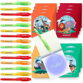 BONNYCO Stylo Encre Invisible et Carnet de Notes, Pack 16 Animaux de la Jungle Petits Cadeaux Anniversaire Garcon et Fille. Cade