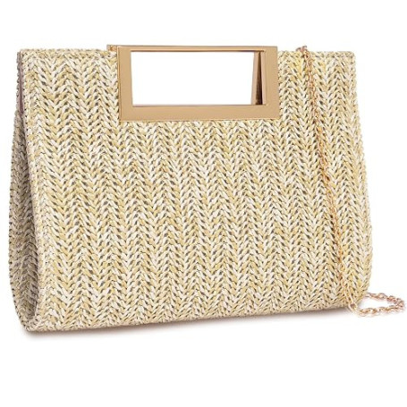 Larcenciel Pochettes et Clutches Femme en Paille Tissée, Sac à main de Soirée avec Chaîne, Élégant Pochette Ceremonie Mariage en