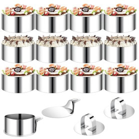 VINATO Set de 12 Cercles à Desserts avec 2 couvercles et 2 socles, Cercle de Service en Acier Inoxydable, diamètre 8 cm pour Mou