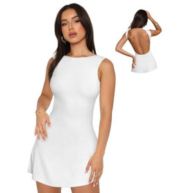 Sukiglam Robe Sexy Femme sans Manches col Bateau Mini Robes Moulante d'Été Chic et Elegant Dos Nu Robe Courte Décontracté A Lign