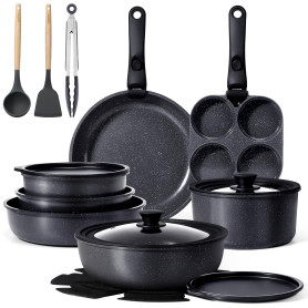 GiPP Batteries de Cuisine avec Poignée Amovible 21PCS, Sets de Poêles et Casseroles avec Revêtement Antiadhésif en Granit, Adapt
