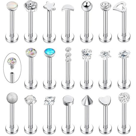 LOLIAS 20 Pcs Tragus Cartilage Helix Boucles d'oreilles pour Femme Homme Monroe Labret Piercing Oreille Lèvre Nez Acier Inoxydab