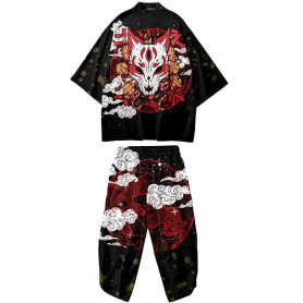 DOSLAVIDA Ensemble de veste kimono japonaise pour hommes, veste élégante ouverte sur le devant avec short, cardigan imprimé de s