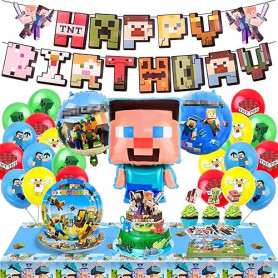Kit de Décoration de Fête d'Anniversaire, 71 Pièces Pixel Deco Anniversaire à Thème pour Enfant, Bannières d'Anniversaire, Vaiss