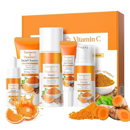 Ensemble de Soins de la Peau au Curcuma et à la Vitamine C, Set de Soin du Visage 5 en 1 pour Femmes avec Nettoyant au Curcuma,
