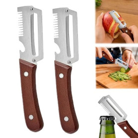 JINDANCL 3 en 1 Éplucheur de légumes multifonction,2pcs Eplucheur en Acier Inoxydable et manche en bois, Décapsuleur, Éplucheur