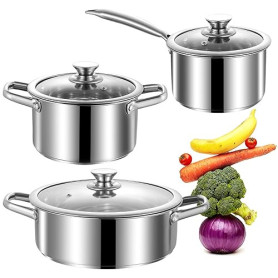 SHEUMNT Ensemble de Casseroles et Poêles en Acier Inoxydable, 6 Pièces, Set de Batterie de Cuisine Antiadhésif Compatible Induct