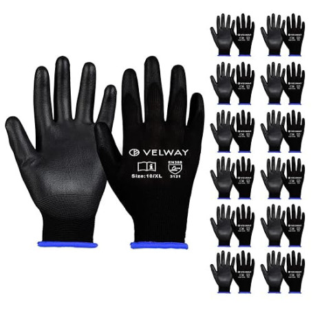 Velway Gants de Travail 12 Paires - Gants Resistant aux Abrasion - Revêtement en Polyester PU - Polyvalent Gants de Jardinage -