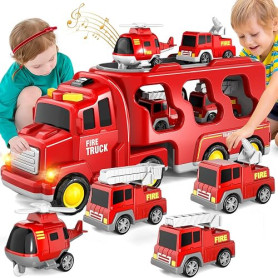 BLmukce Jouet Camion de Pompiers 5 en 1 pour Enfants, Transporteur à Friction avec 4 véhicules de Pompiers, Jouet de 1 2 3 Ans p