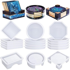 15 PièCes moule silicone resine epoxy, dessous de verre en silicone Moule pour BoîTe De Rangement avec Dessous, 3 formes (ronde,