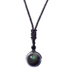 zalati Collier Pendentif Obsidienne Naturelle avec Corde Tressée Style Yeux Arc-en-Ciel pour Cadeau Chanceux en Pierre Perle