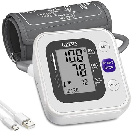 GPZON Tensiomètre Électronique Professionnel Pour Le Haut du Bras, Manchette ajustable 22cm-42cm, Mémoire 2x120, Blanc