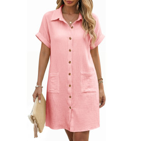 PASUDA Robe Eté Femme Chic et Elegant Coton Robes Chemise Longueur Genou Tunique à Manches Courtes Col V Robe de Plage Décontrac