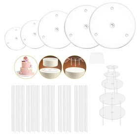 Planches à Gâteaux,Plat Gateau Sur Pied Plastique, 5 Plateaux de Séparation de gâteau et 15 Pièces Goujons à Gâteau Supports à G