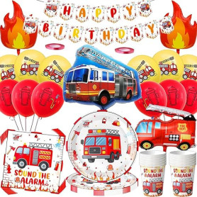Kit de décoration d'anniversaire motif camion de pompier - 80 pièces - Vaisselle de fête avec grand ballon en aluminium camion d