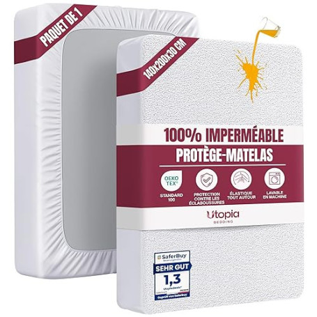 Utopia Bedding Protège Matelas 140 x 200 x 30 cm Imperméable, Certifié Oeko TEX, Alèse Drap Housse, Matelas Couvre, Respirant, É
