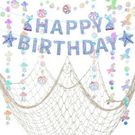 ZERODECO Décorations d'anniversaire sirène – Guirlande irisée, bannière Happy Birthday et filet de pêche pour thème pirate fête