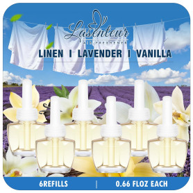 LASENTEUR Recharge diffuseur électrique Compatible Air Wick et Glade - Lot de 6 x 19 ML, parfums Vanille, Lin et Lavande, désodo
