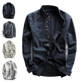 YRUIIA Chemise Style Japonais, Chemise à col Montant en Lin et Coton pour Homme, Chemise à col Montant à Double Boutonnage, Chem