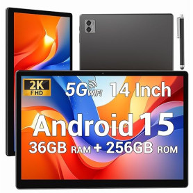 BEYNIVAN Tablette 14 Pouces Android 15 Tablette Tactile avec 5G WiFi,36Go+256Go/11580mAh/20W/13+8MP/Octa-Core/Face ID/TÜV/GMS/BT