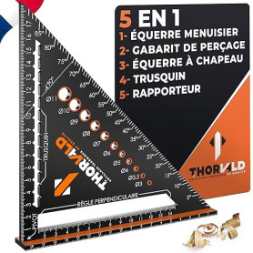 THORVALD 5 en 1 Equerre Menuisier 180 mm - Multifonction : Trusquin/Raporteur/Gabarit de percage/Equerre a chapeau - Aluminium -