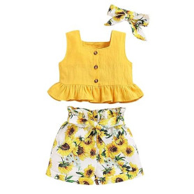 ANUFER 3 Pièces Fille Gamins Ensemble de Vêtements Brillante Jaune Tournesol Bébé Tenues Débardeurs + Pantalons Courts + Bandeau