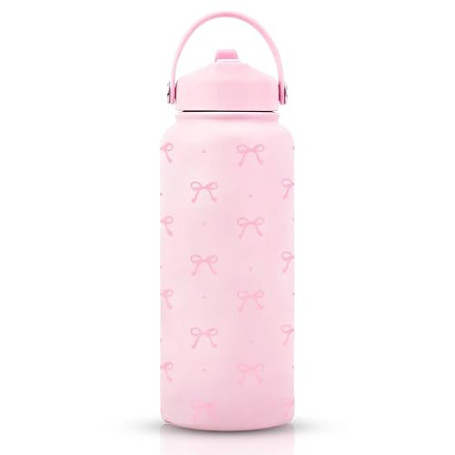 Bouteille isotherme avec motif nœud rose en acier inoxydable avec paille, isotherme, anti-fuite, 1 l, pour femmes, filles, adole