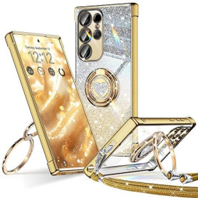 XYZ Coque pour Samsung Galaxy S24 Ultra Con Cordon, Mignonne et Luxueuse, Double Anneau Motif Cœur d'amour pour Femmes et Filles