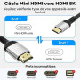 Kryoza Câble Mini HDMI vers HDMI 2.1, 2M 8K@60Hz 4K@120Hz, Câble HDMI Mâle vers Mini HDMI Mâle Bidirectionnel,eARC,3D, Dolby Vis