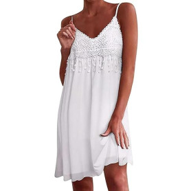 Zeagoo Robes d'Été Femme Dentelle Spaghetti d'Été Courte sans Manches Boho de Plage avec Franges Décolleté en V Robe Décontracté