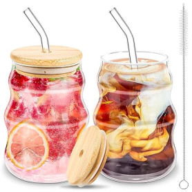 BUOAZR Lot de 2 Verres à Café 530ml - Tasses à Cappuccino et Latte Macchiato Avec Couvercle, Paille et Brosse - Pour Thé, Bière,